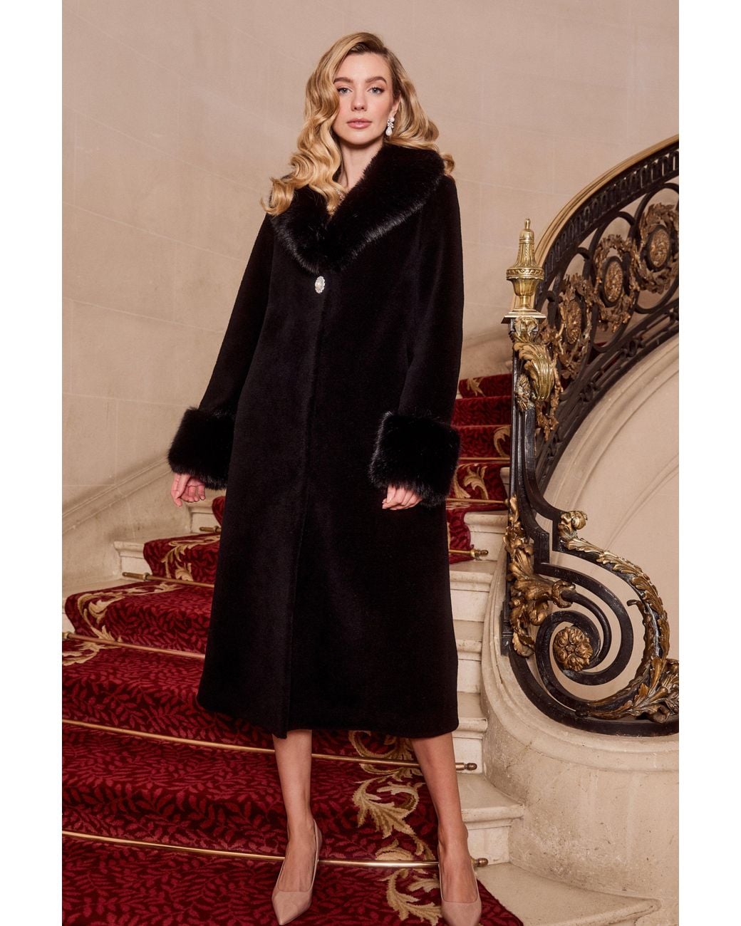 Santinni Black Sunset Boulevard Long Wool Coat With Faux Fur Collar