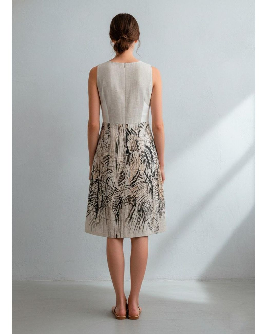 Conquista Natural Neutrals Elegant Sleeveless A-Line Dress With Artistic Nature-Inspired Print