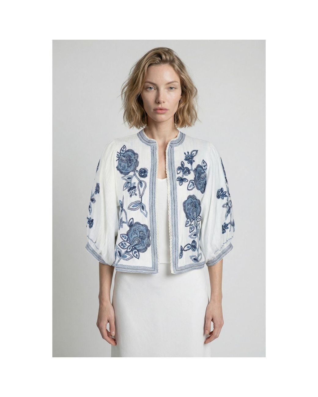 Modenaire Blue Floral Embroidered Cropped Jacket With Clean Front