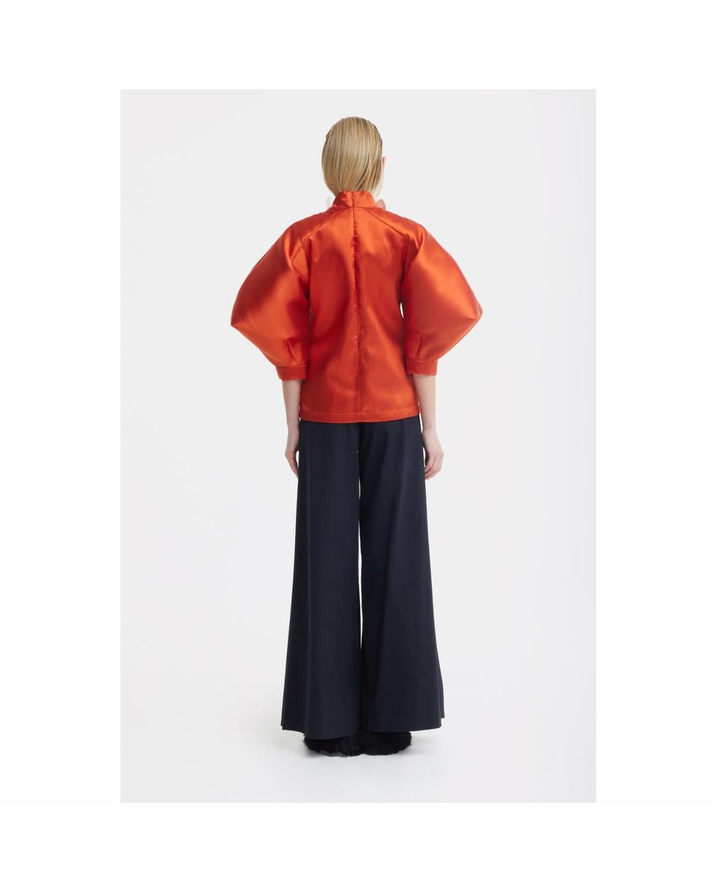Julia Allert Orange Taffeta Deep V-Neck Blouse With Satin Floral Detail – Terracotta