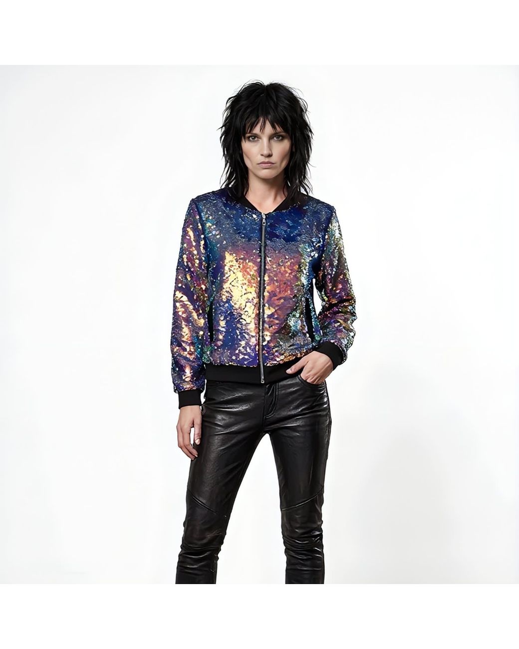Any Old Iron Blue Oil Slick Sequin Bomber Jacket