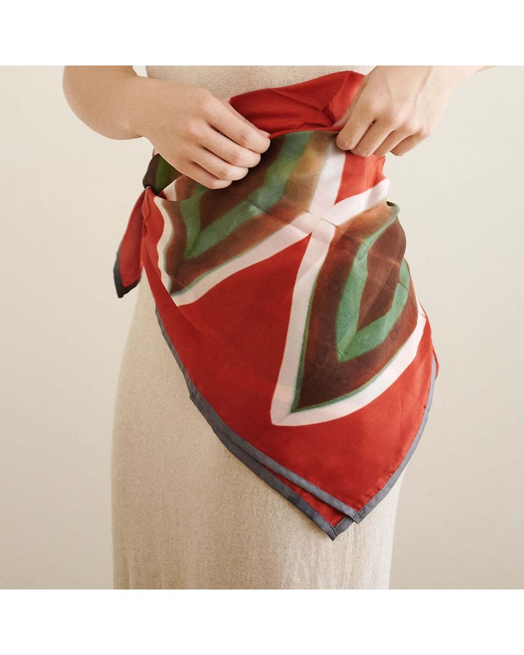 Variously Red Fawn Geometrical Print Shibori Square Silk Scarf