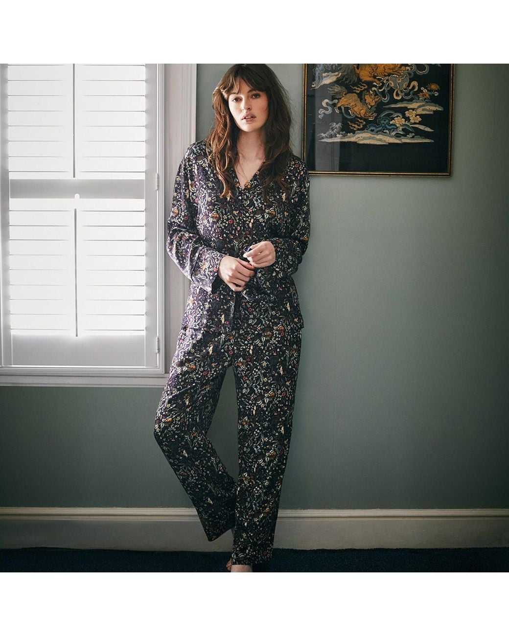 Fable England Gray Viscose Wolf Garden Print Pyjama Set