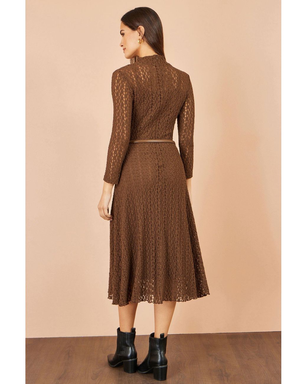 Yumi' Brown High Neck Lace Midi Dress