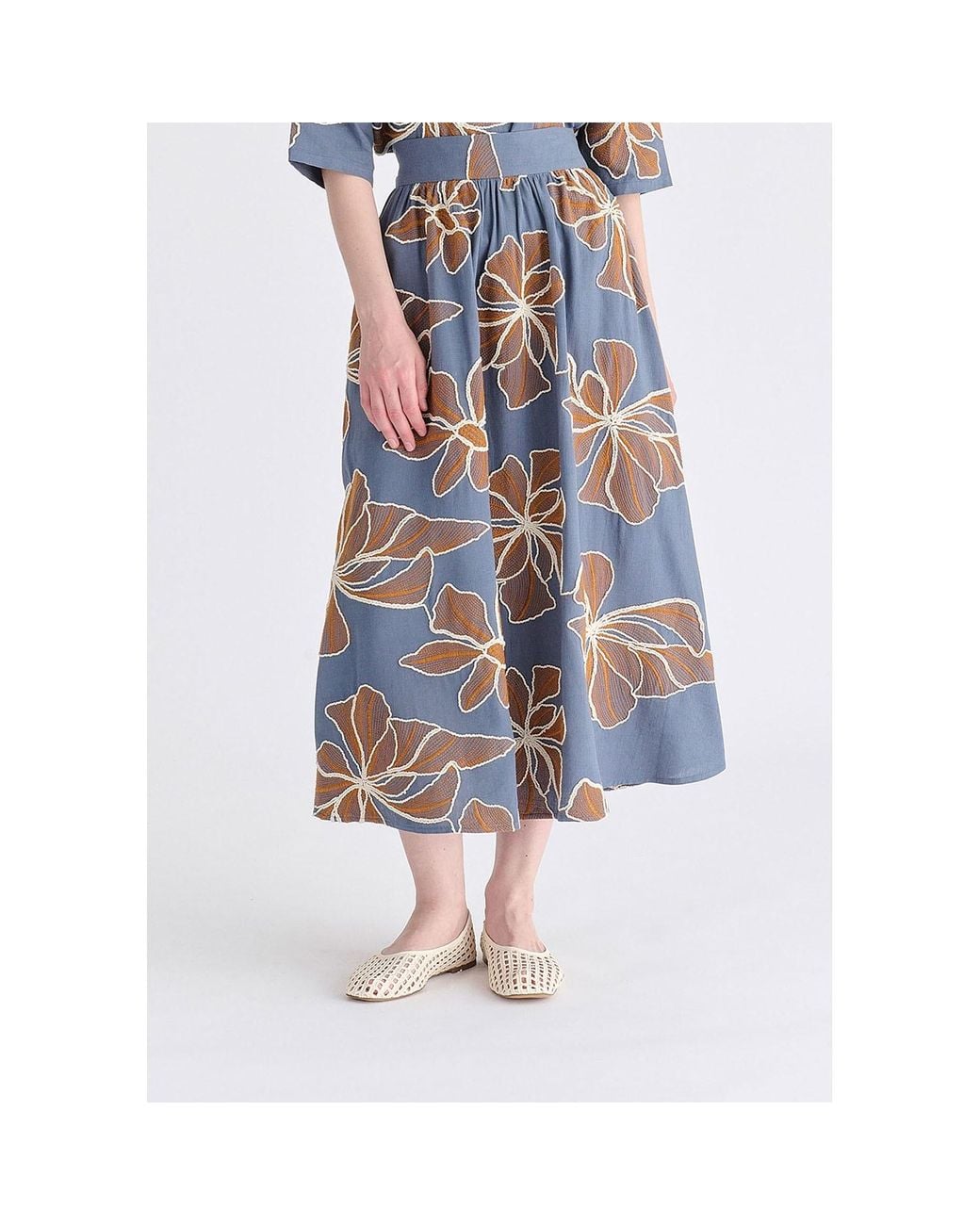 Paisie Blue Floral Embroidered Midi Skirt