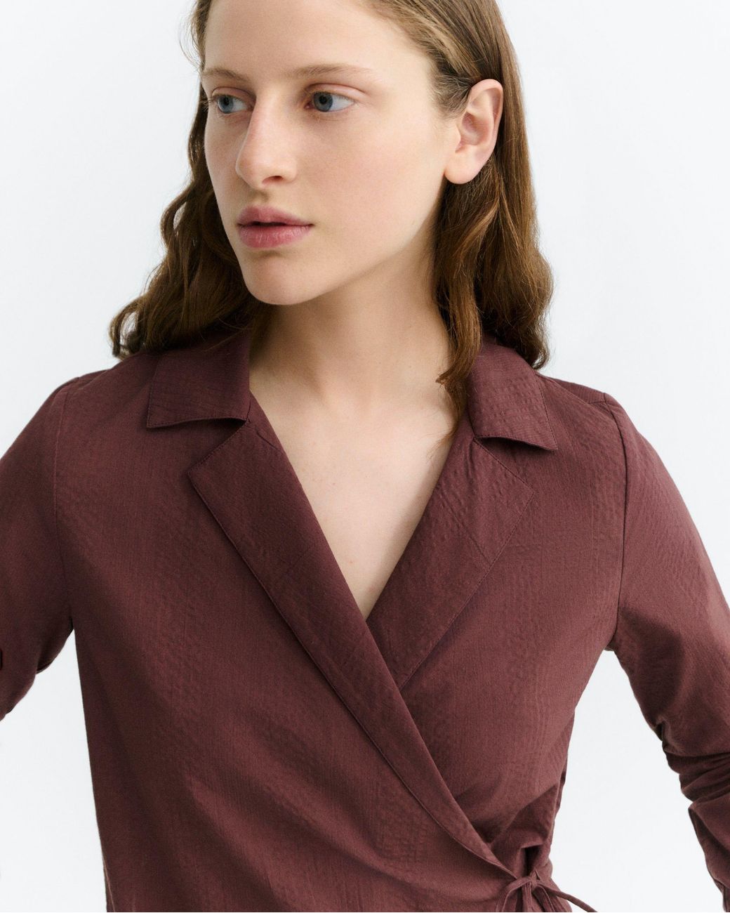 Thinking Mu Brown Wrapped Wine Seersucker Lenie Blouse