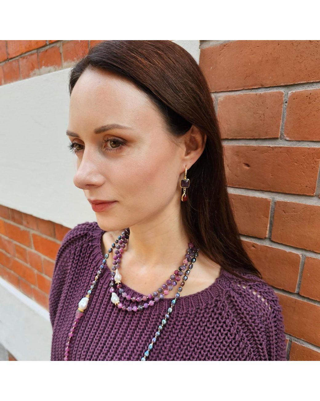 Farra Purple Pearls With Agate And Baroque Pearls Long Necklace