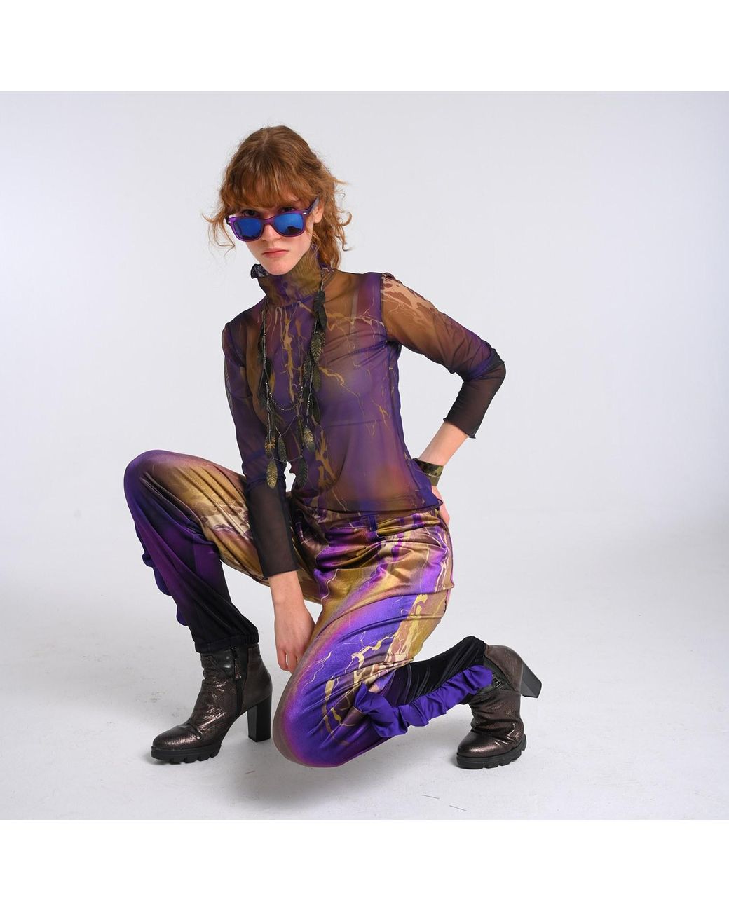 Lalipop Design Purple Abstract Print Velvet High-Waist Pants
