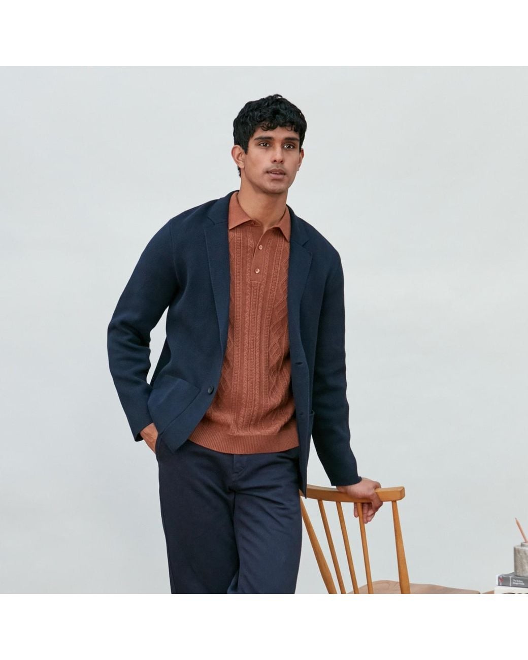 Paul James Knitwear Blue Cotton Deconstructed Knitted Gabriel Blazer for men