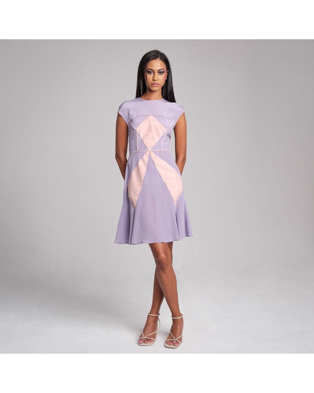 Imaatu Purple Trapez Silk Mini Dress – Alcantara Geometric Inlays & Open Back Detailing