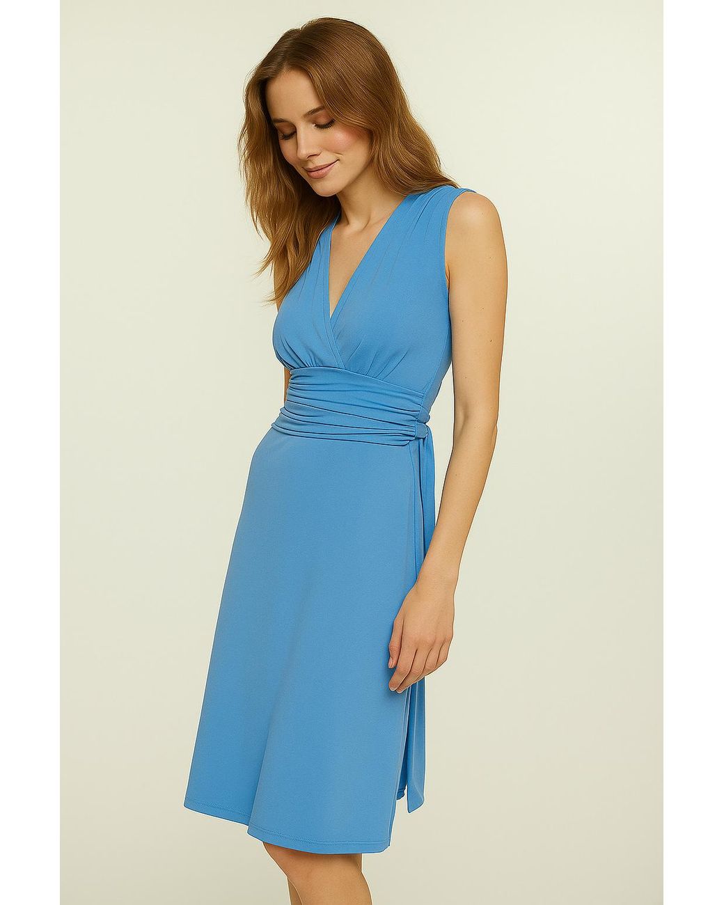Conquista Blue Sky Sleeveless V-Neck Wrap Dress – Soft Viscose Jersey