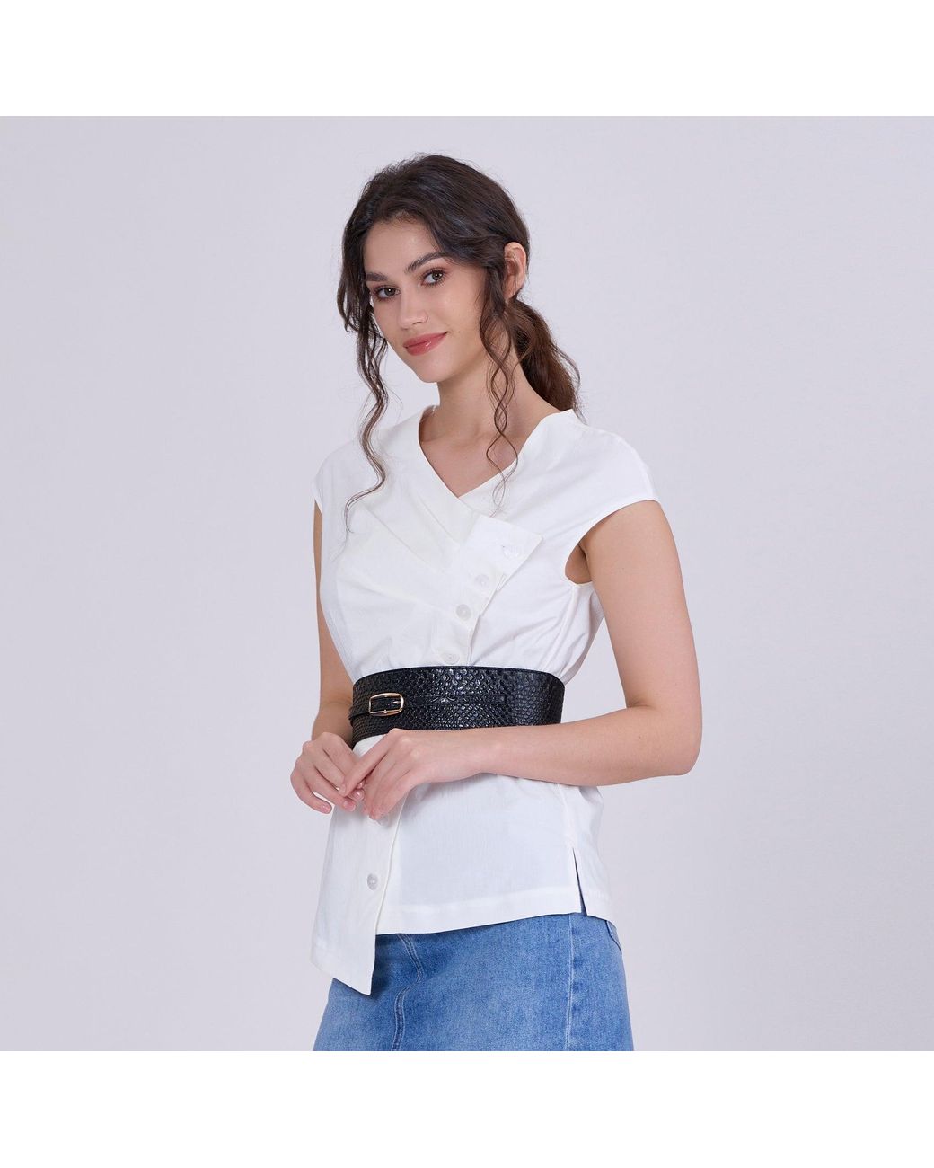 Smart and Joy White Double Breasted Pleated Asymmetric Top