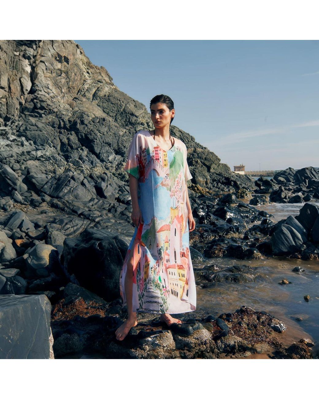 DHARA SHETH DUBAI Multicolor La Riviera Printed Long Kaftan Dress With Side Slits