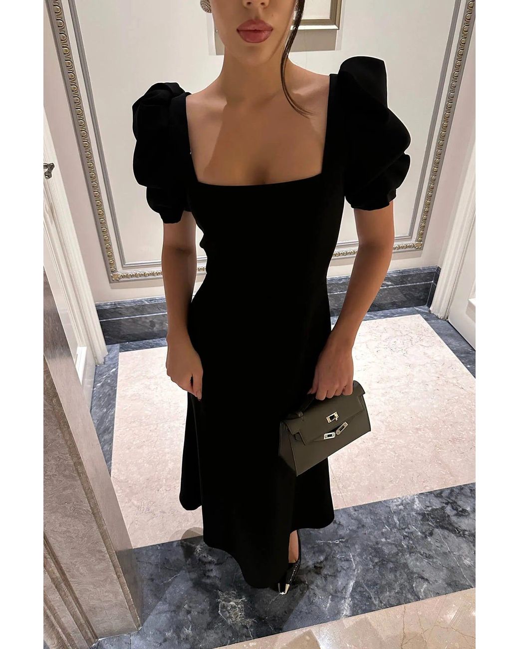 POST MERIDIEM Black Godet Silhouette Square Neck Midi Dress