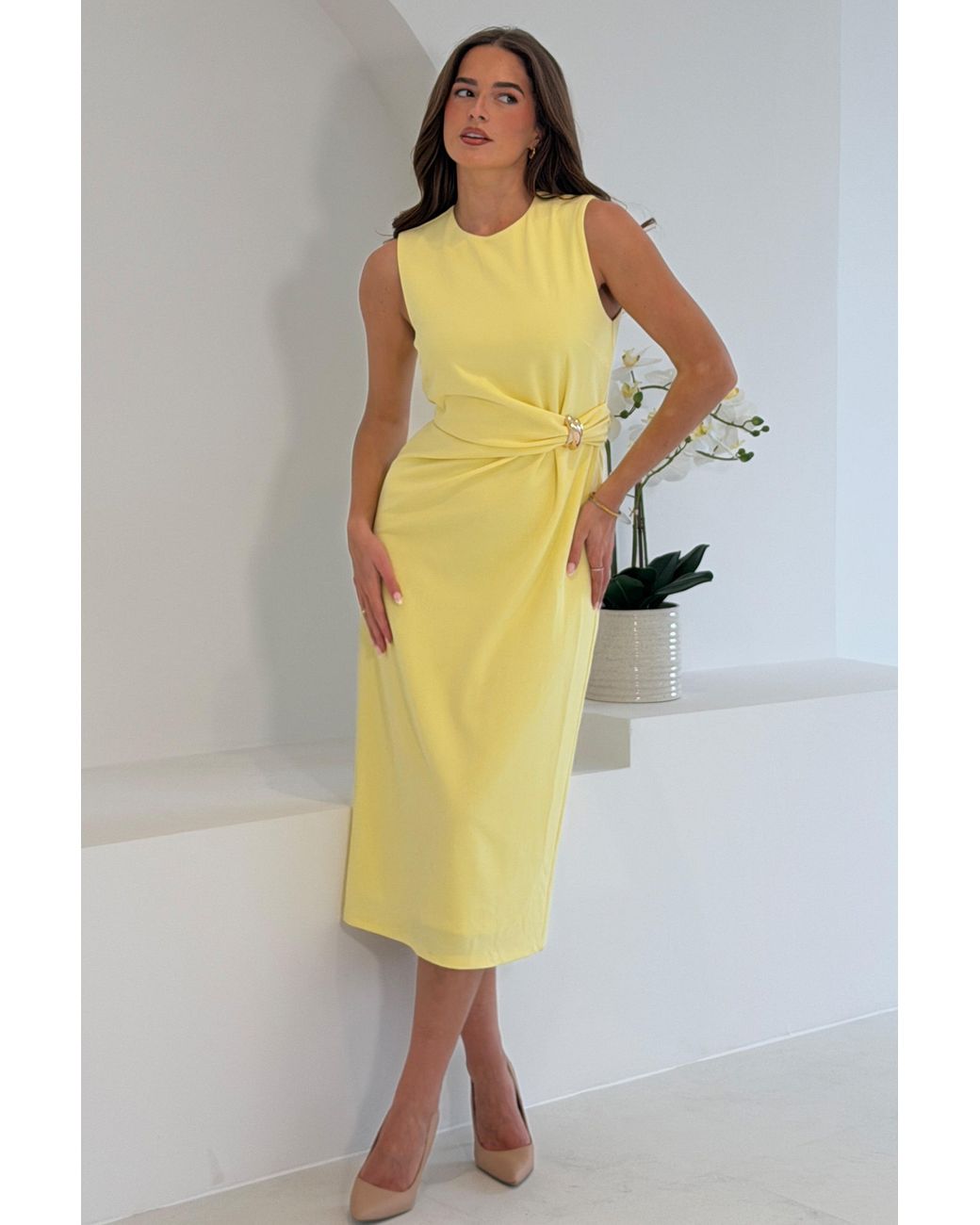 Girl In Mind Yellow Louisa Buckle Wrap Detail Midi Dress