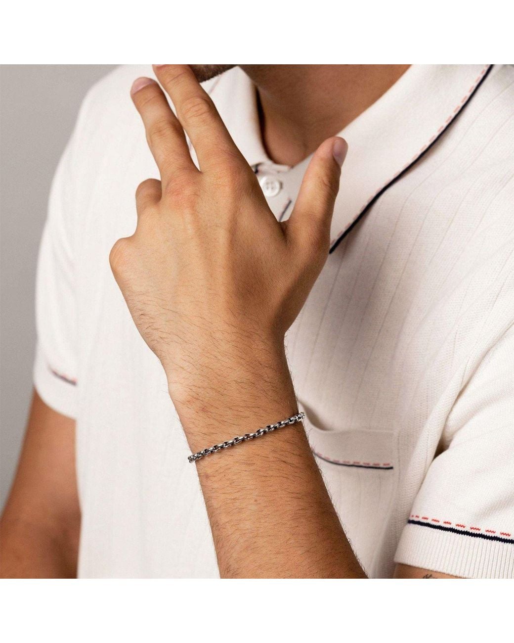 Nialaya Metallic Sterling Round Link Chain Bracelet for men