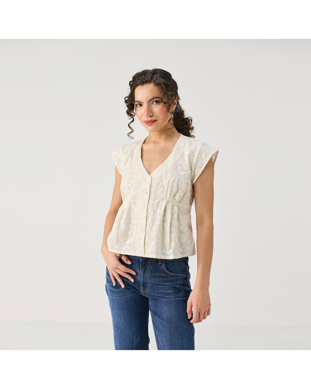REISTOR Natural Embroidered Deep V Neck Top