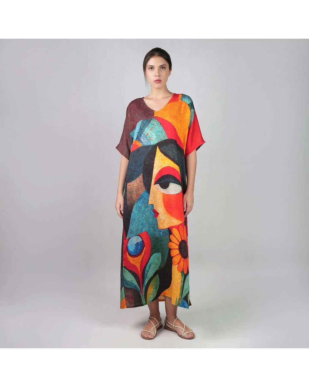 DHARA SHETH DUBAI Blue Muse Abstract Art Kaftan Maxi Dress