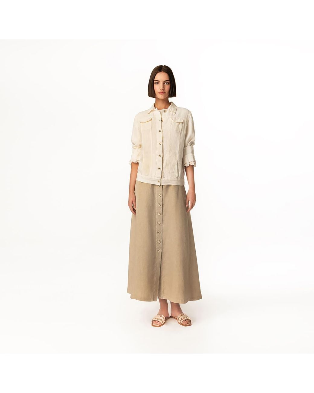 Haris Cotton Natural Neutrals Maxi Front Buttons Linen Skirt Beach Sand