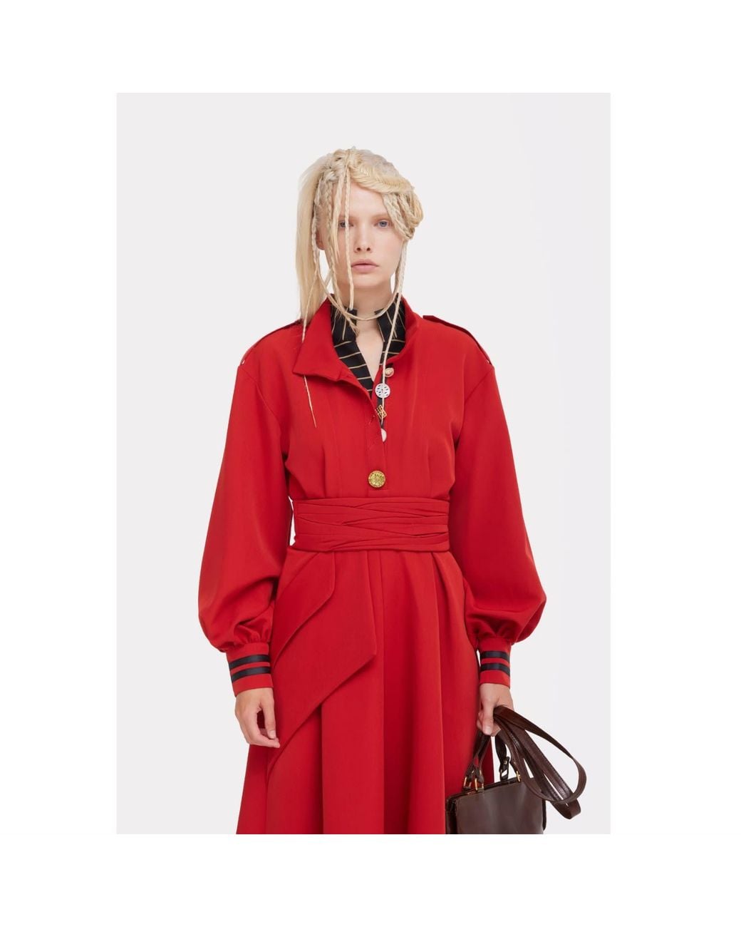 Julia Allert Red Double-Collar Belted A-Line Midi Dress –