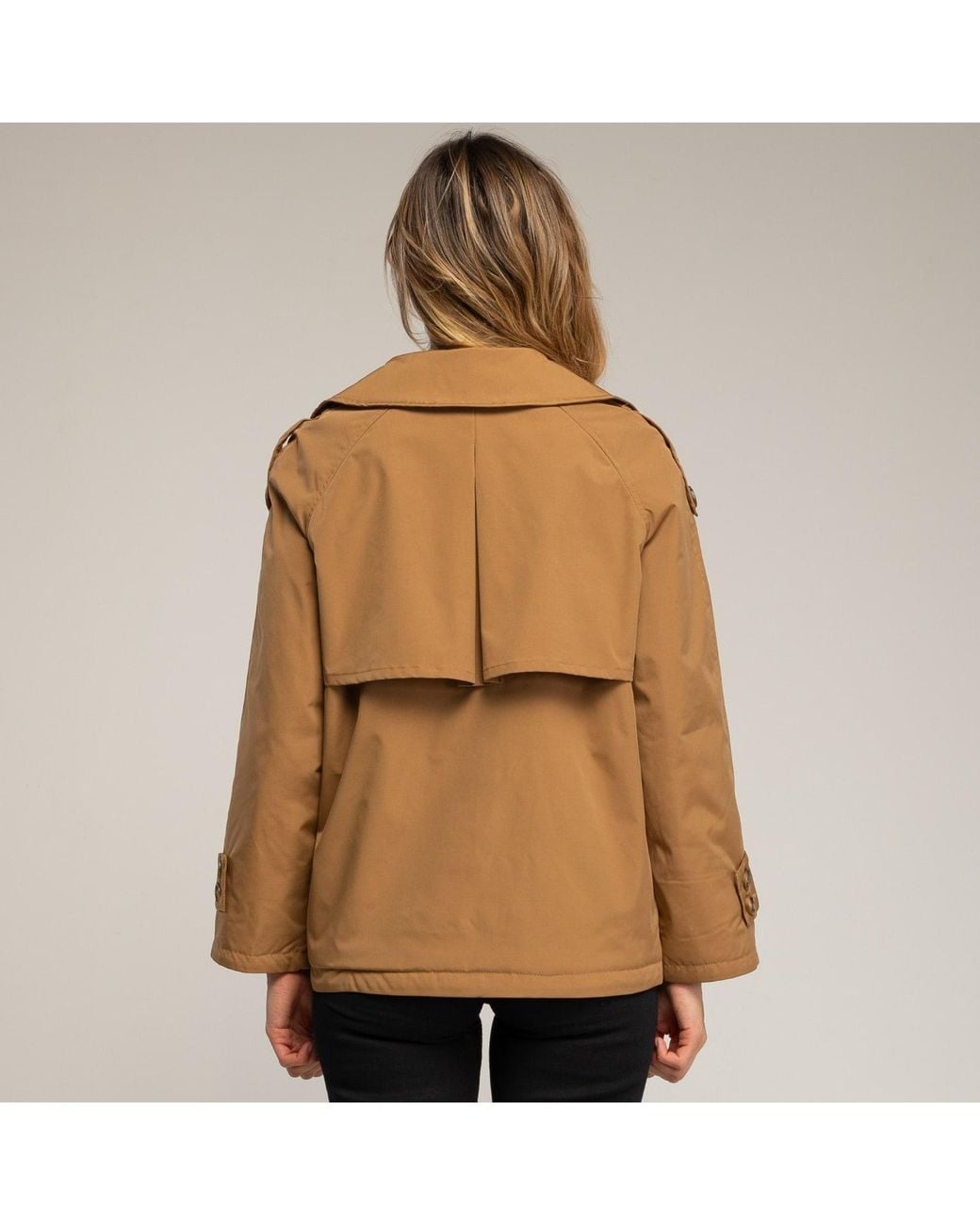 Tantra Spain Sl Brown Neutrals Short Quilted Trench Coat With Double-Breasted Buttons, Side Pockets, And Flared Back Camel
