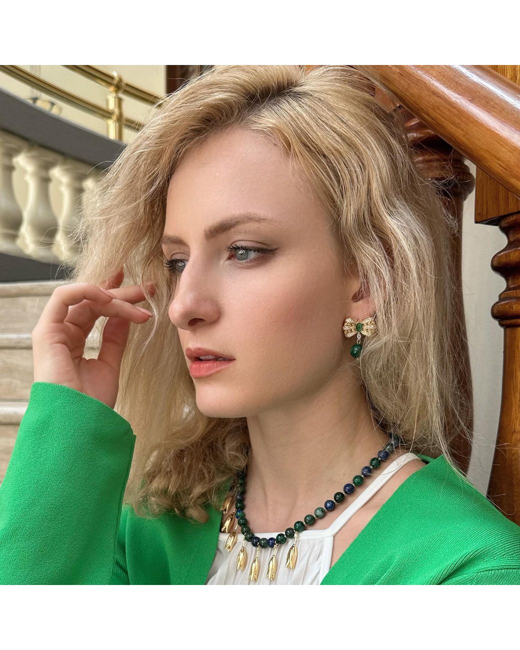 Farra Green Butterfly Bow With Malachite Dangle Earrings