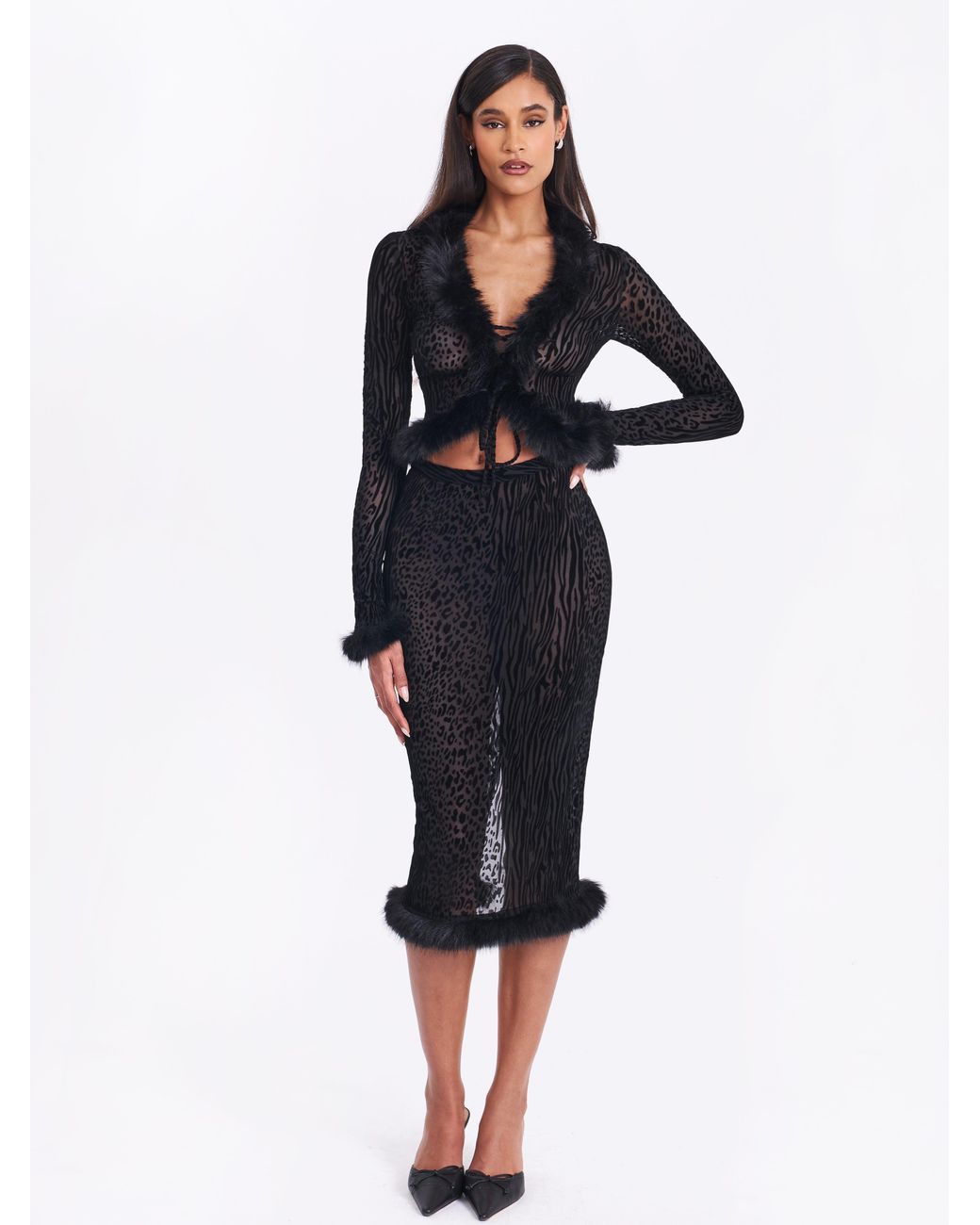 Miss Circle New York Black Halia Animal Print Burnout Velvet Fur Trim Skirt