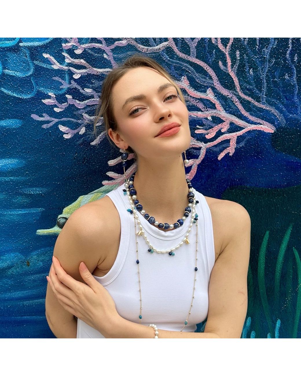 Farra White Freshwater Pearls With Gemstone And Flower Charms Necklace