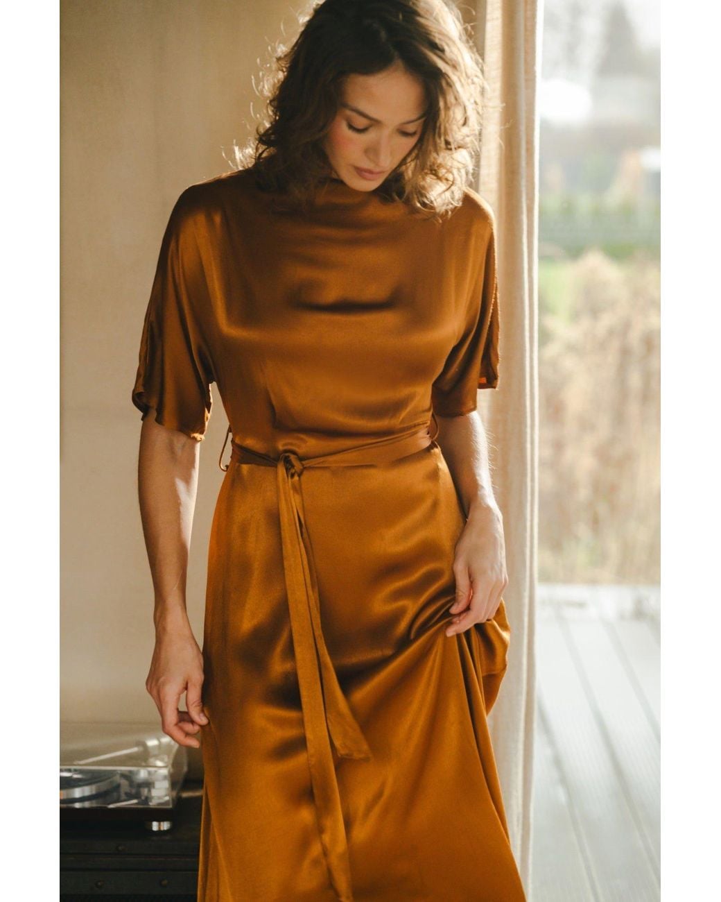 Traffic People Brown Smooth Operator Rust Short Sleeve Tie Waist Edith Maxi Dress
