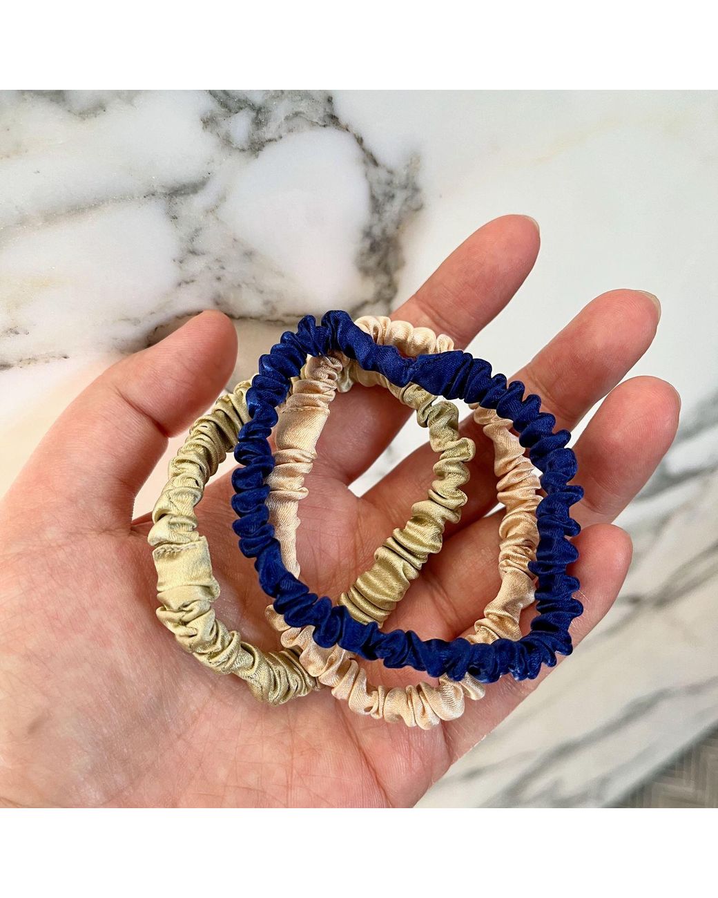 Soft Strokes Silk Blue Neutrals Set Of Three Pure Mulberry Silk Skinny Scrunchie Weekly Special Hair Ties Spring Classics
