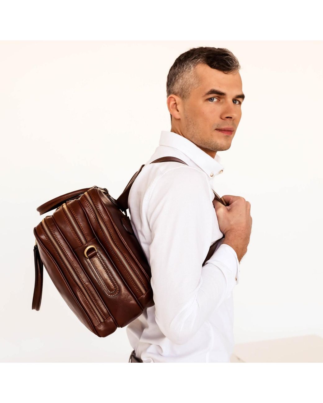 Time Resistance Brown Leather Convertible Briefcase Backpack for men