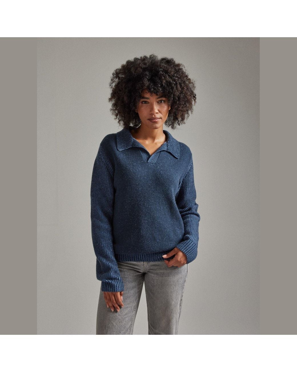 Salts Cashmere Blue Polo Sweater With Fishermens Rib Detailing