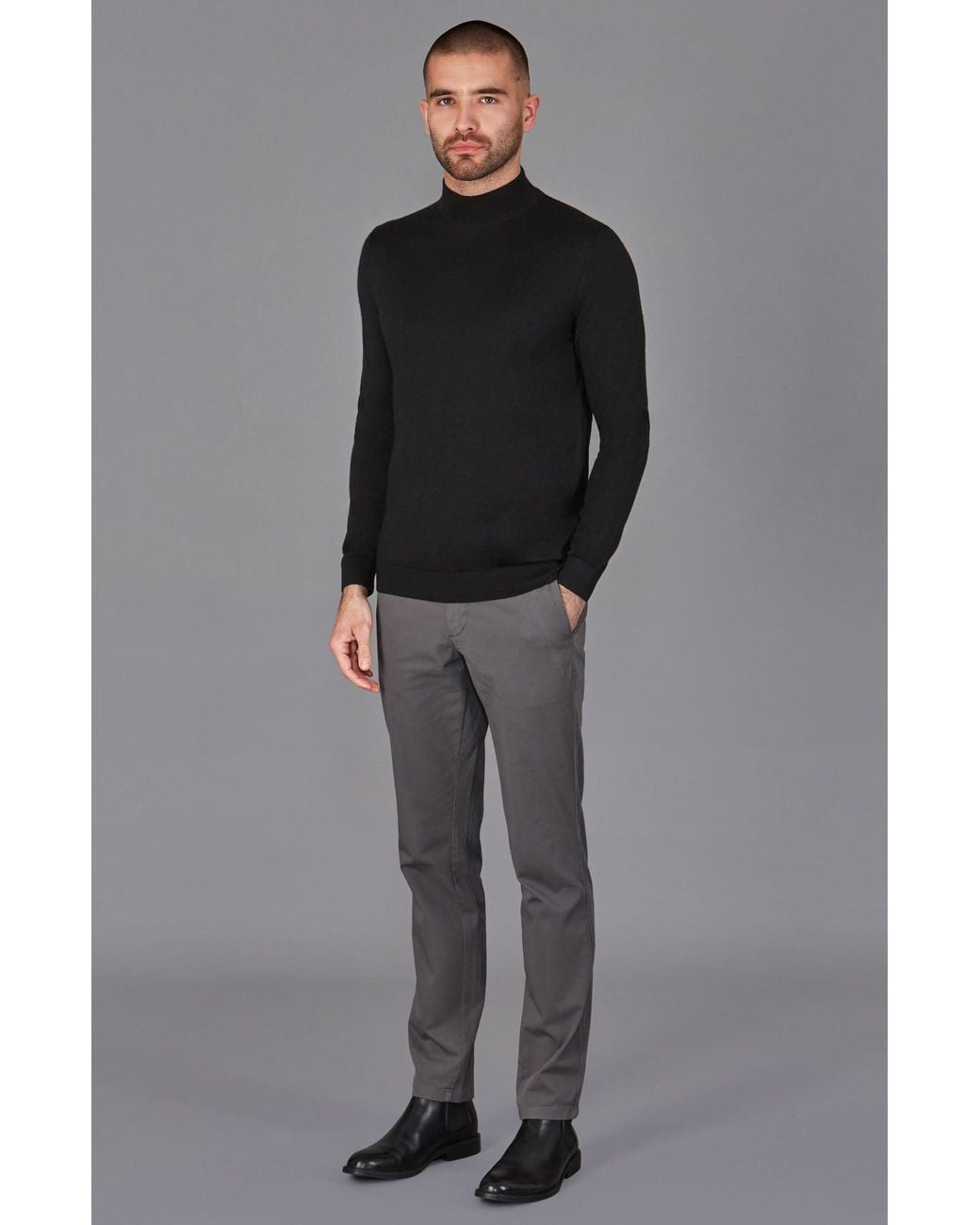 Paul James Knitwear Black Superfine Riccardo Merino Silk Mock Turtle Neck Jumper for men