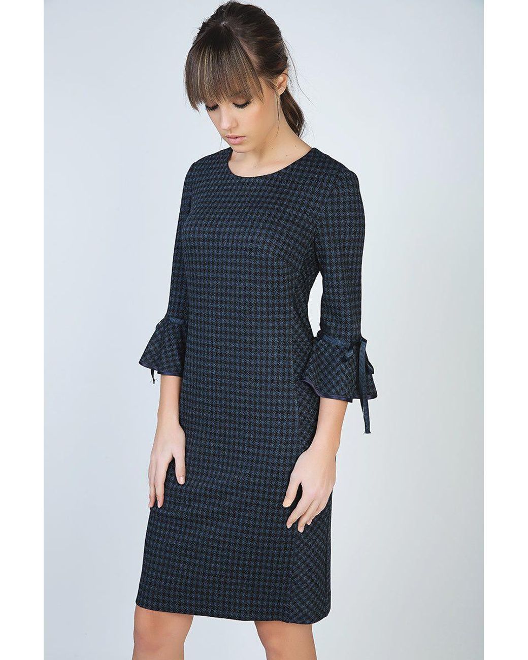 Conquista Blue Bell Sleeve Straight Check Dress