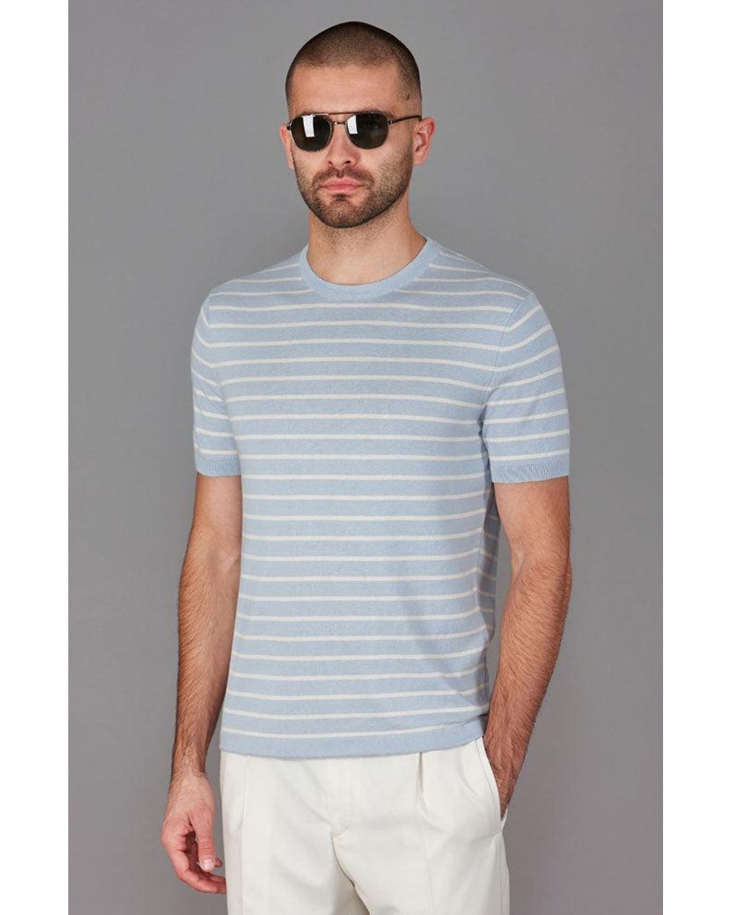 Paul James Knitwear Blue Mens Ultra-fine Cotton Javier Knitted Pin Stripe T-shirt for men