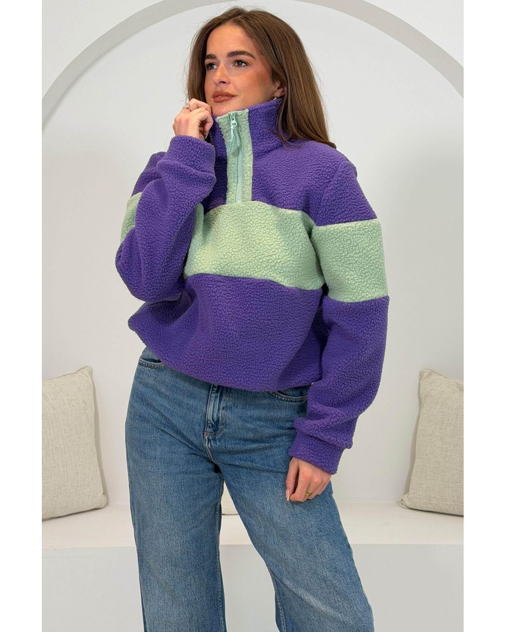 Girl In Mind Purple Beau 3/4 Zip Contrast Panel Fleece