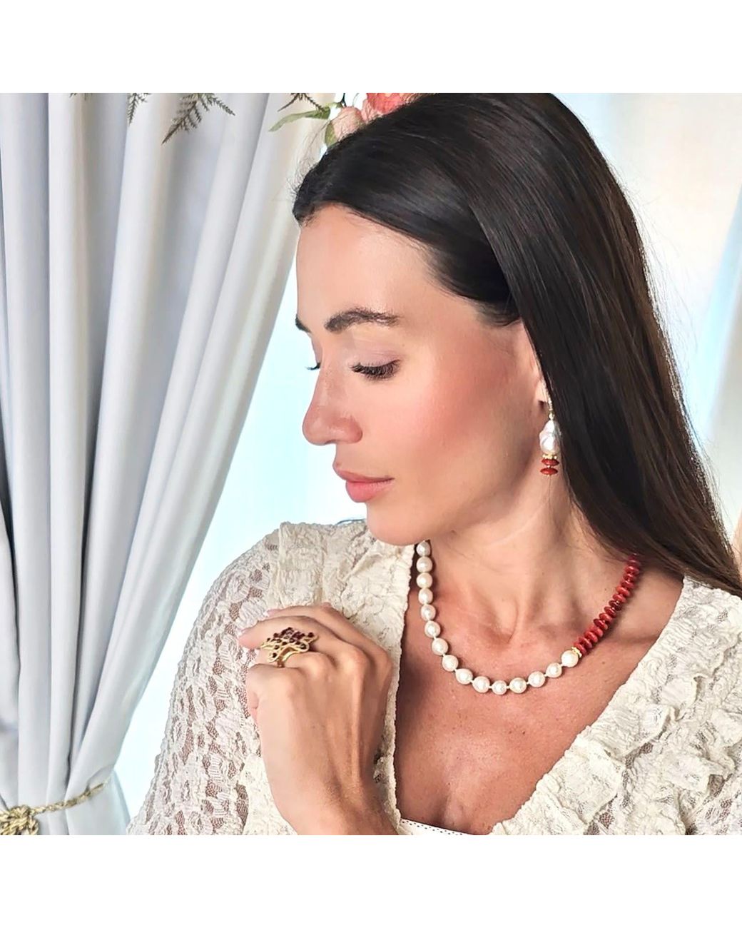 Farra White Baroque Pearl With Bamboo Coral Earrings