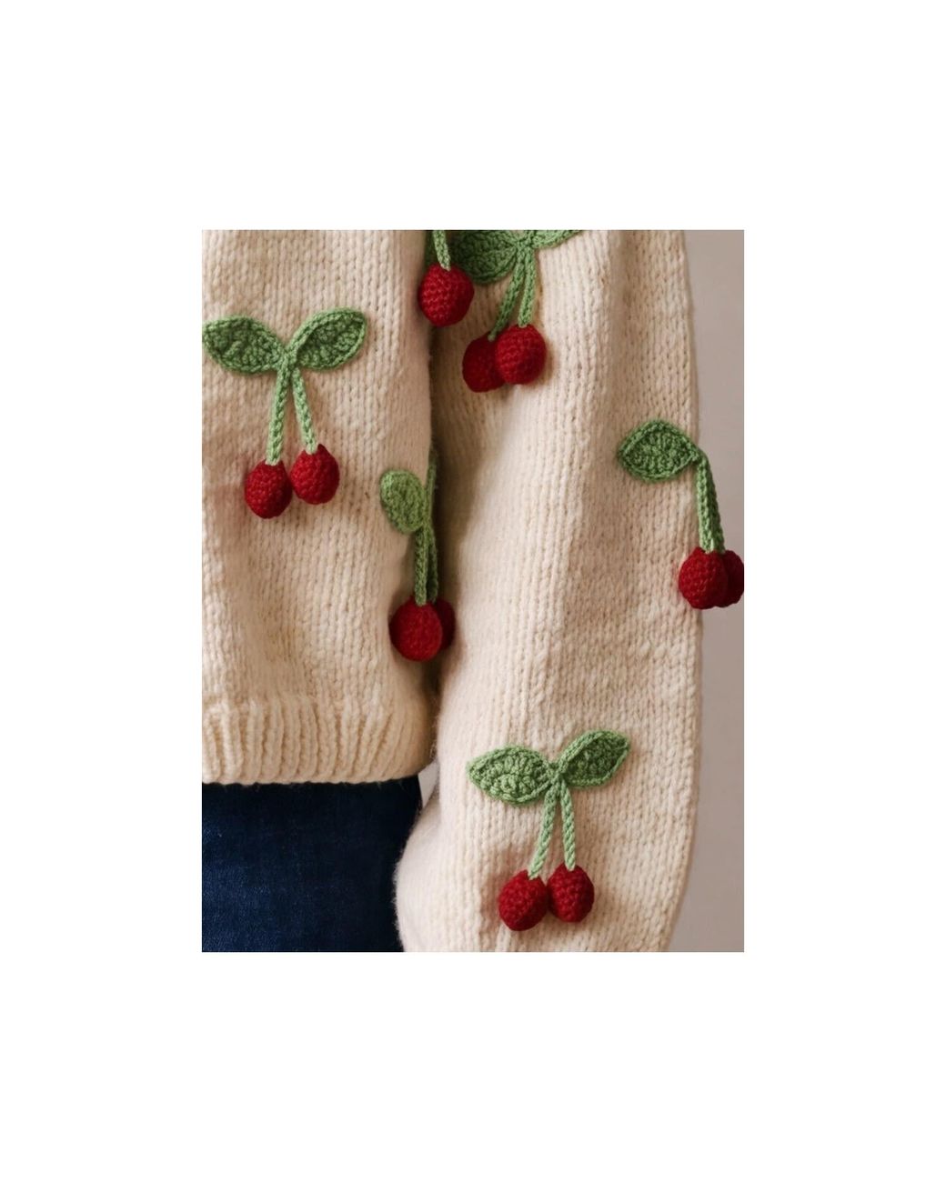Ana Chic Green Neutrals Cherry Motif Handmade Knitted Cardigan