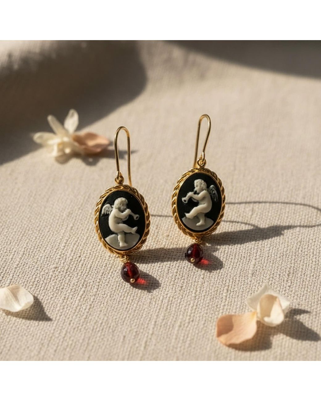 Vintouch Italy Blue Playing Angels Cameo And Garnet Earrings