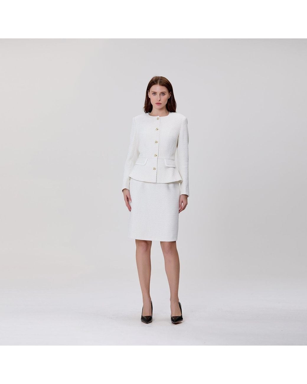 Smart and Joy White Textured Tailored Jacket With Jewelled Buttons