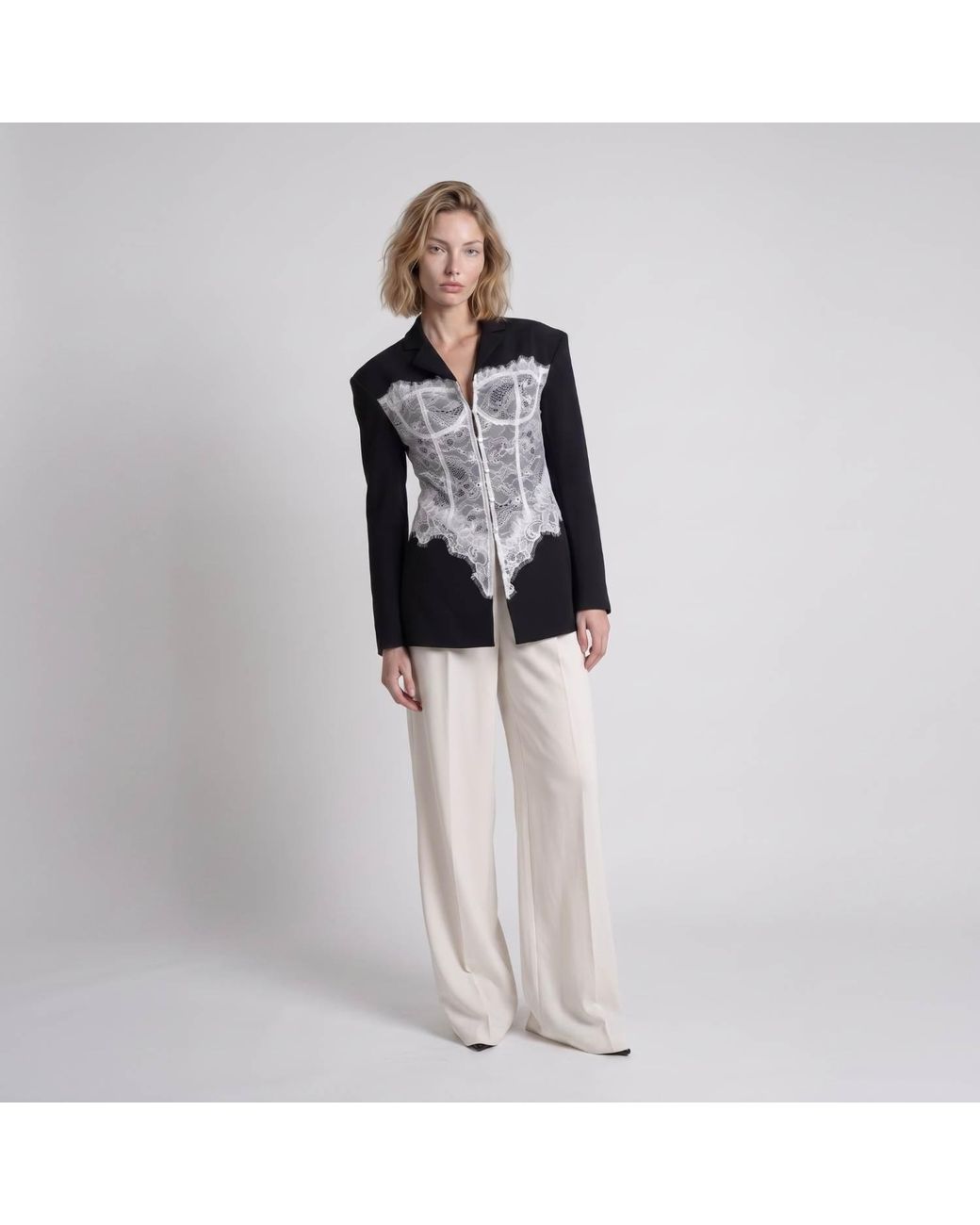 Modenaire Black Lace Corset Detail Blazer With Tailored Fit And Button Front