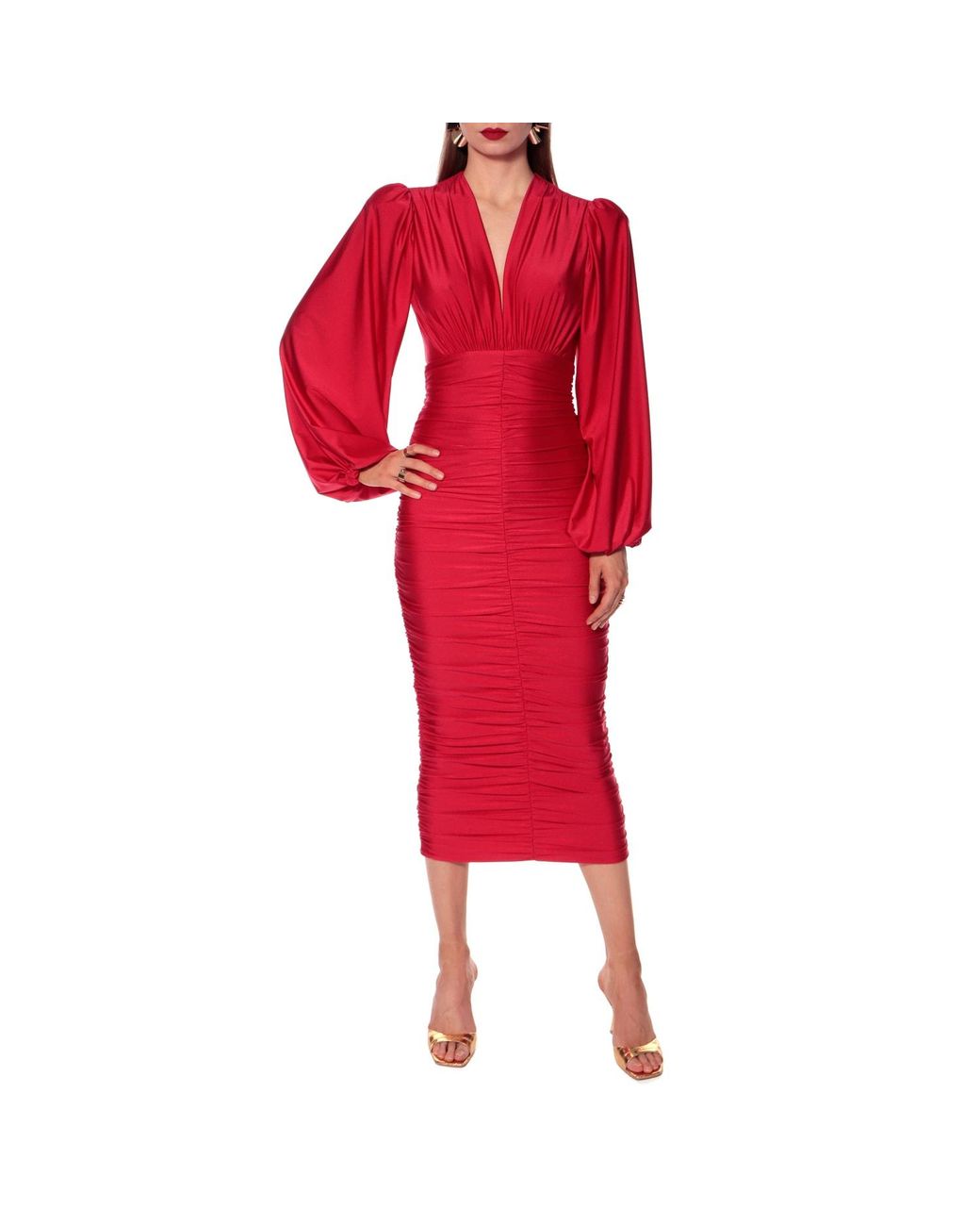 AGGI by HALEWSKI Red Gloria Long Sleeve Draped Dress