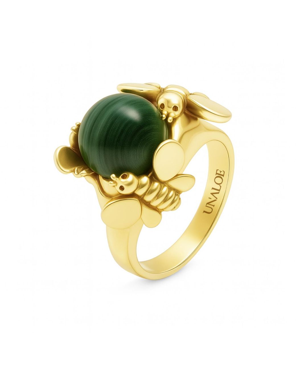 Unaloe Yellow Plated Malachite Statement Ring – Natural Gemstone Luxury Ring For Handmade Artisan Jewelry