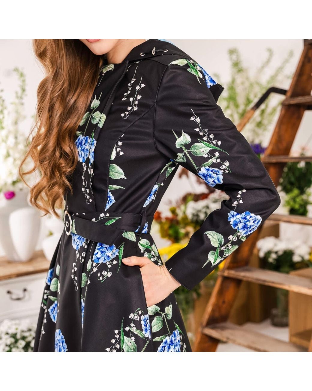 RainSisters Black Floral Trench Coat: Flower Moon