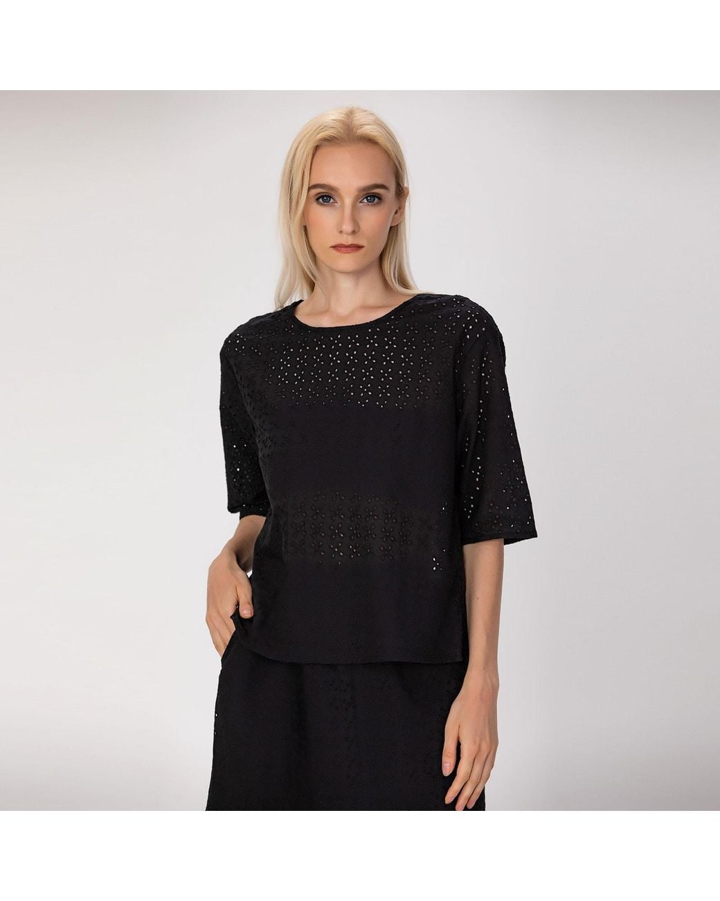 Smart and Joy Black Eyelet Cotton Lace Loose Blouse