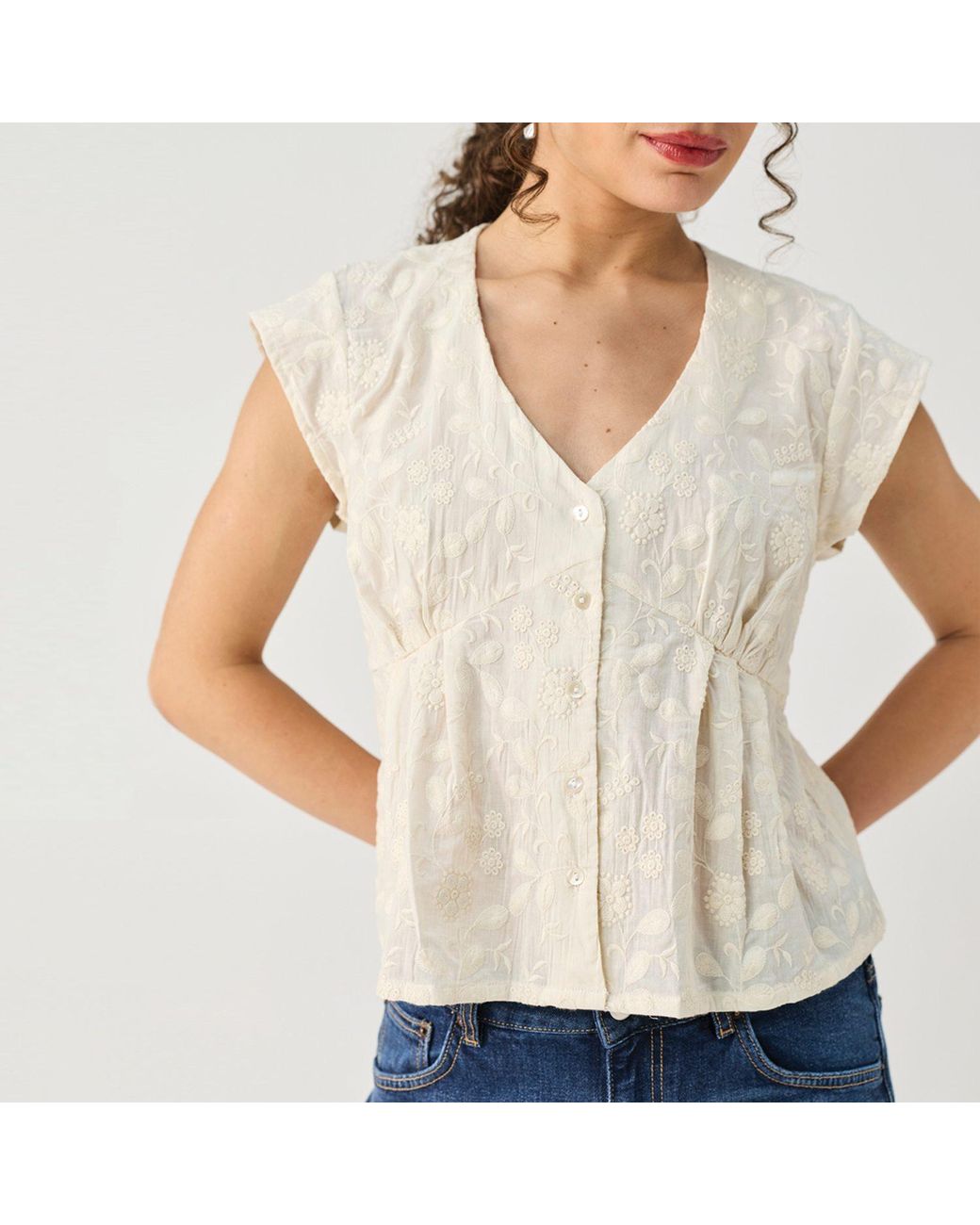 REISTOR Natural Embroidered Deep V Neck Top