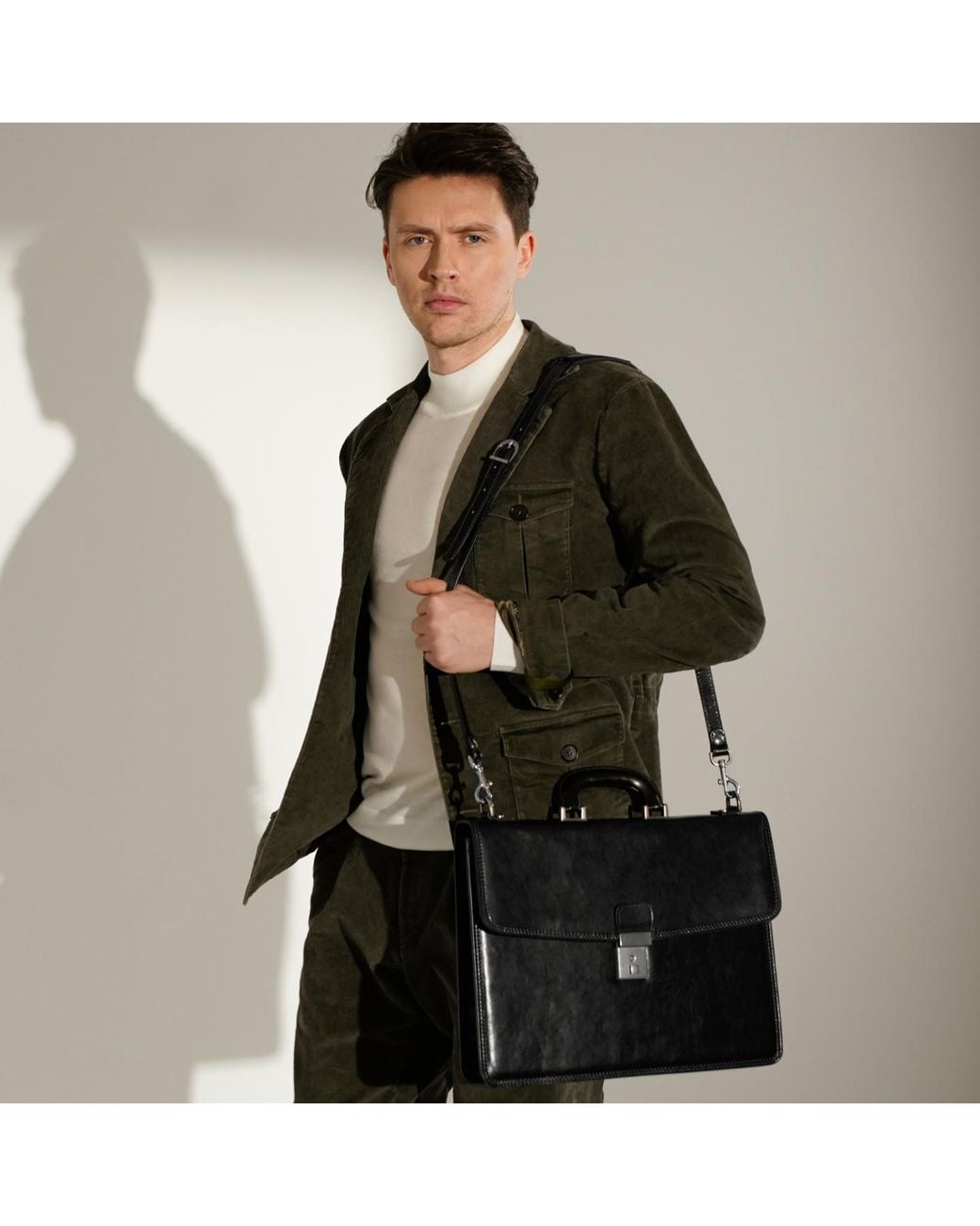 Time Resistance Black Leather Briefcase for men