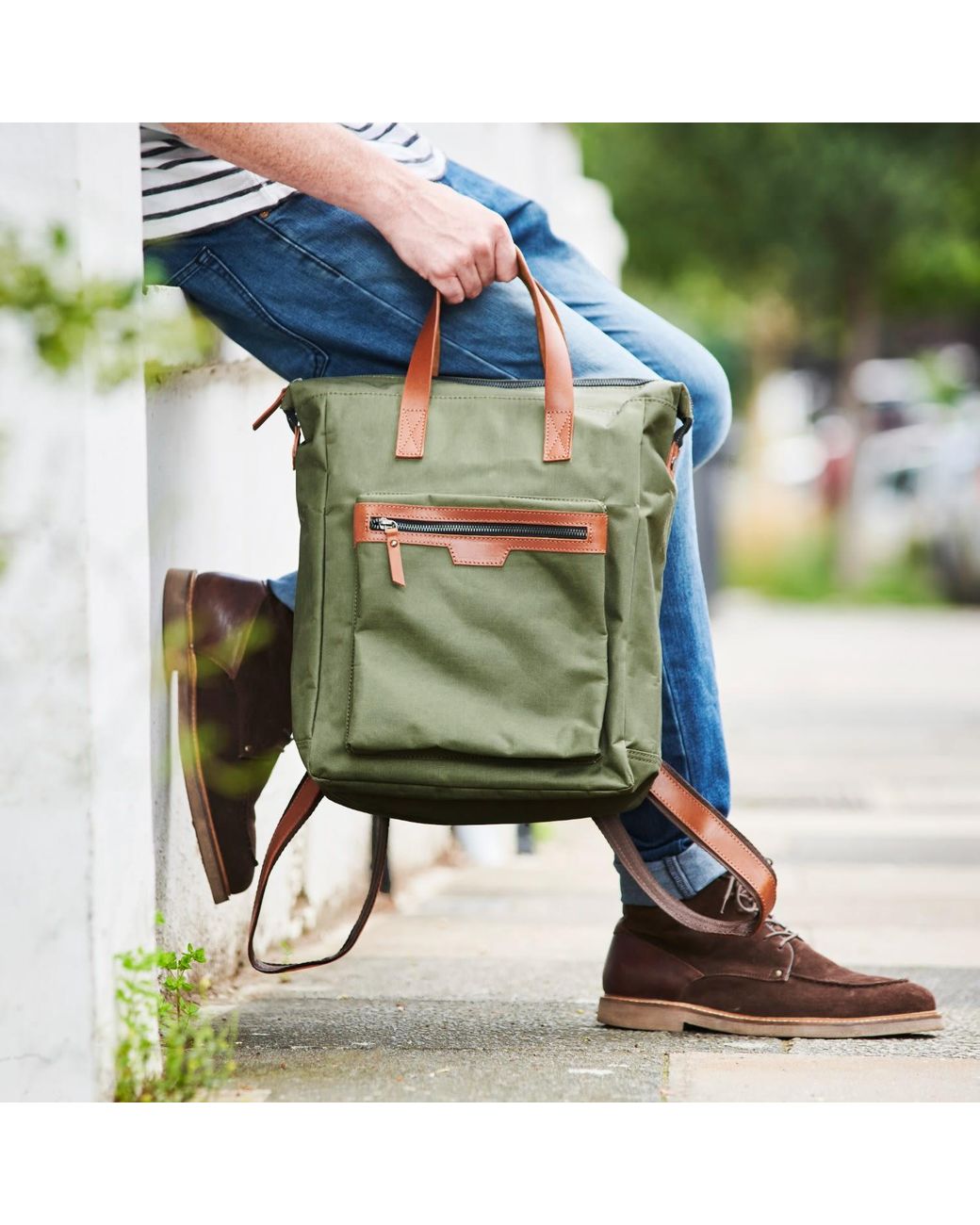 VIDA VIDA Green Leather Trim Top Zip Backpack