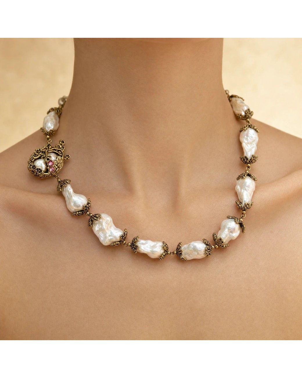 Angel Barocco Metallic Vintage Baroque Pearl Heart Necklace