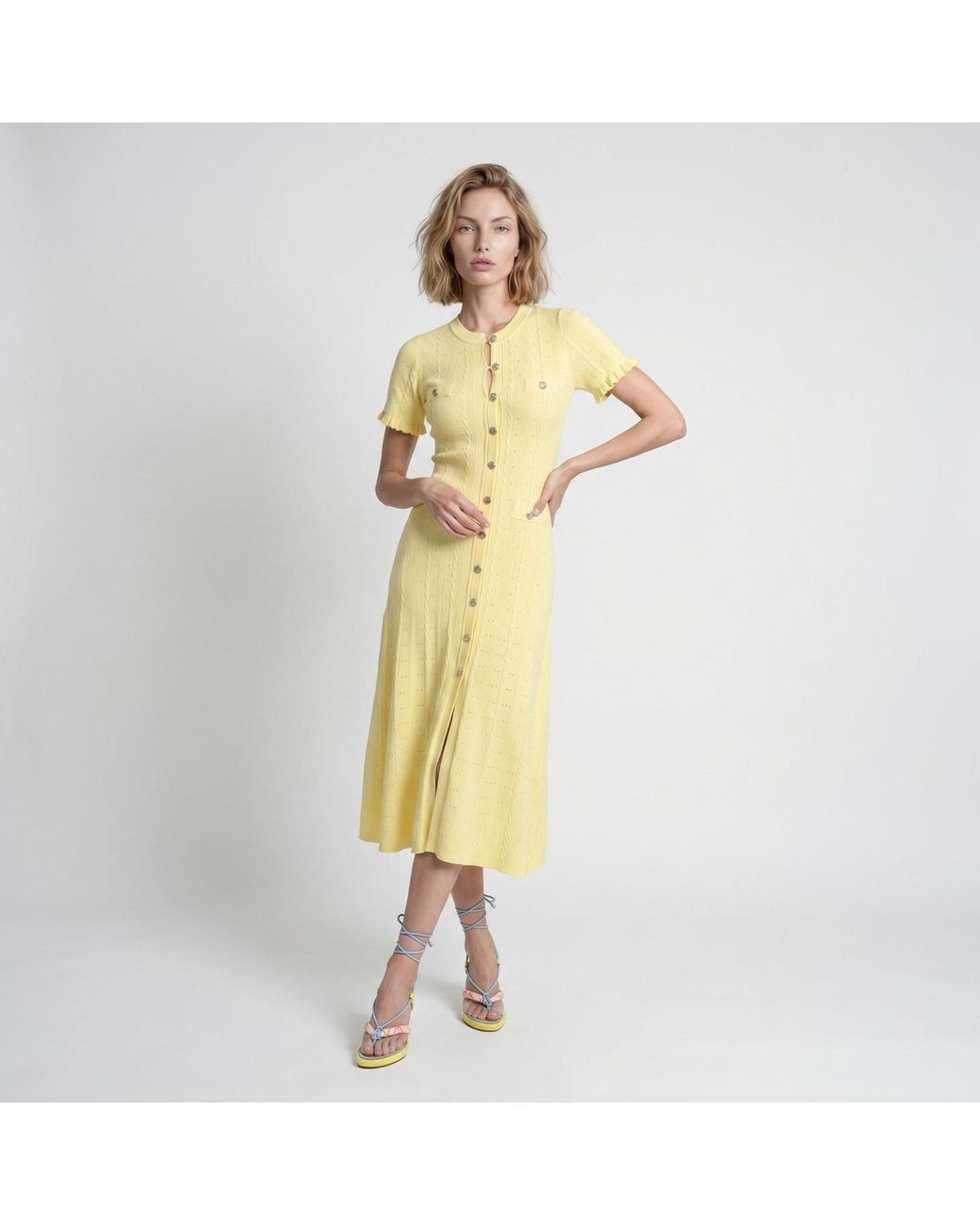 Modenaire Yellow Ribbed Knit Midi Dress
